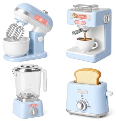 4-in-1 Kids Kitchen Appliances Toy Set – Pretend Play Coffee Machine with Water Flow Light & Sound, Pop-Up Toaster, Rotating Mixer & Blender – Battery Operated Role Play Cooking Set for Children