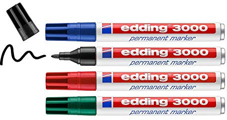 edding 3000-4-S - Blíster con 4 marcadores permanentes - Azul - Rojo - Verde - Negro