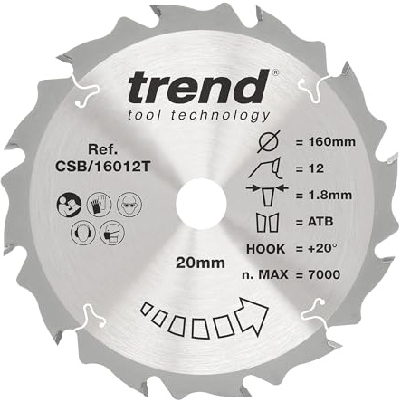 Trend Wood Cordless Circular Saw Blade, 160mm Diameter, 20mm Bore, 12 Teeth, 1.8mm Kerf, +20° Hook, TCT, Coarse Finish, CSB/16012T