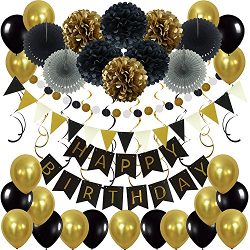 ZERODECO Geburtstagsdeko, Happy Birthday Wimpelkette Banner Girlande mit Pompoms Papier Girlande Fans Fächer Dreieckige Wimpel Spiral Girlanden und Luftballon - Schwarz und Gold