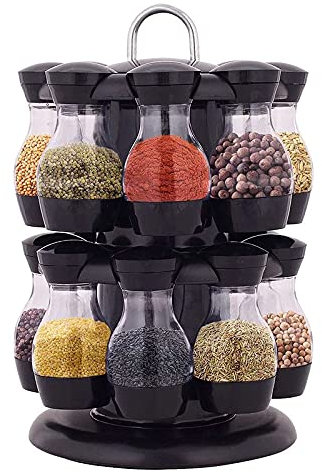 Carrousel à épices rotatif et 16 Pots Verre, présentoir Rotatif 360° et boîtes à épices, support à épices