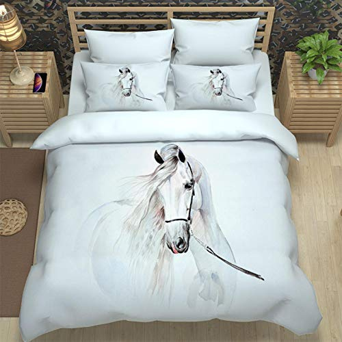 ZPOEQW Funda Nórdica Cama 150 Infantil Adulto 3 Piezas Juego De Ropa De Cama De Microfibra 220X240cm 1 Funda De Edredón Y 2 Fundas De Almohada, Impresión Caballo Animal Blanco 3D, Antialérgico