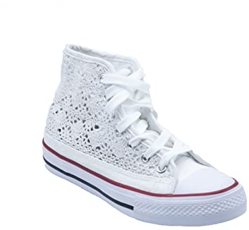 Baskets montantes blanches en dentelle brodée - Sneakers femme respirantes et légères