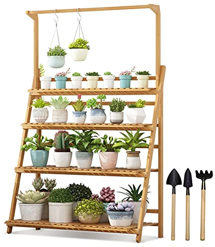LIGUOYI Flower Pot Stands Holder Planter Display Shelf 3 Tier Ladder Plant Shelves Hanging Plant Hanger Étagère Plantes En Bambou Garden Flower Indoor Display Rack Holder Pour Pots De Fleurs