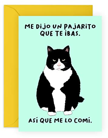 Central 23 Divertida Tarjeta de Felicitación para Mujer, Hombre- un pajarito. que te ibas - Tarjeta de despedida para Hijo o Hija - Tarjeta de Nuevo Trabajo - diseño de gato - con pegatinas