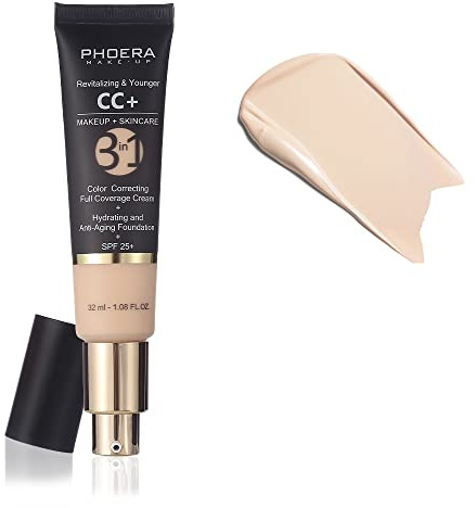 PHOERA Anti-Aging Color Correcting Full Coverage Cream Foundation SPF 25+ Revitalizing & Younger infused Concealer with Vitamins For dark circles, acne scars, wrinkles & redness. (Porcelain)
