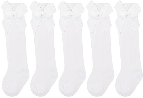 DRESHOW Knähöga Strumpor För Barnflickor Småbarn Klädsockor Baby Bow Stocking Bomullsstrumpor för Spädbarn