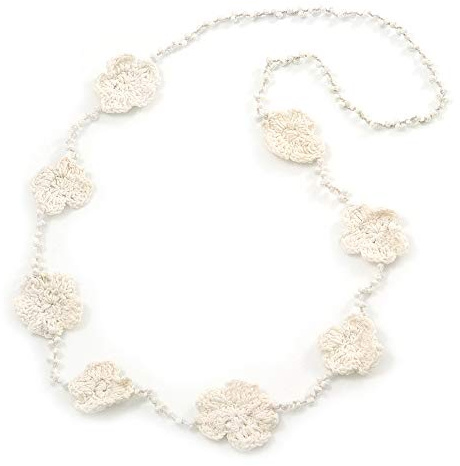 Avalaya Collana lunga con perline di vetro bianche floreali all'uncinetto, lunghezza 96 cm, Misura unica, Vetro, Nessuna pietra preziosa