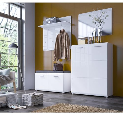 Lomadox Garderoben-Set 4-teilig mit Spiegel und Schuhbank weiß Hochglanz | Flurgarderobe im modernen Stil