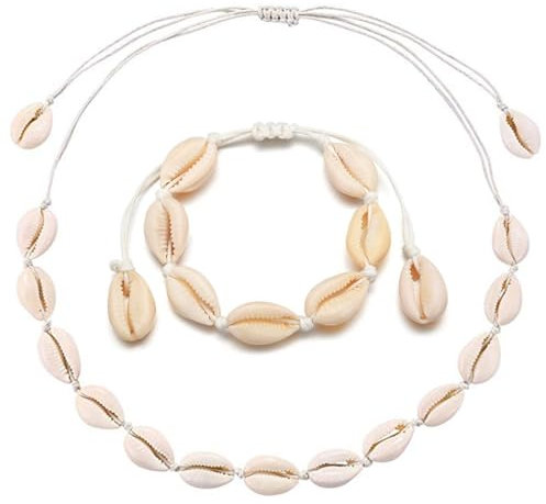 Witeup Shell Necklace and Bracelet Set - 2 Pcs Natural Adjustable Pendant for Women, Girls, Boys, Men - Summer Beach Clavicle Outer Banks Jewelry