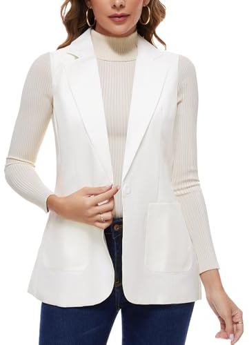 Kyzoeyou Blazer senza maniche da donna, gilet lungo da ufficio, completamente foderato, con un bottone, con risvolto dentellato