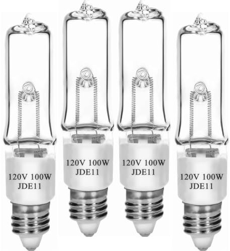 Lachesan JDE11 120V 100W T4 Mini Candelabra Base（Replacement E11 Led Bulb） 2700K Clear Dimmable JD E11 Halogen Light Bulbs for Chandeliers, Ceiling Fan, Table Lamps, Cabinet Lighting, 4 Pack
