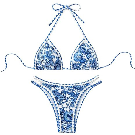 Maillot de Bain Femme 2 Pieces Sexy Bikini Imprimé Floral Swimwear Triangle Top et de Plage Taille Basse Bas de Bikini Maillot de Bain à Cordon Shorts Taille Basse Classique
