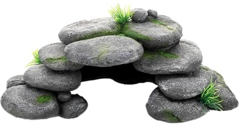 Decoración para Acuarios,Cueva Decorativa para Acuarios Mengger con Hierba Verde,Paisaje de Poliresina 23*13*8 cm,Decoración de Cueva Rocosa,Decoración de Resina Apta para Tanques de Agua Acuarios