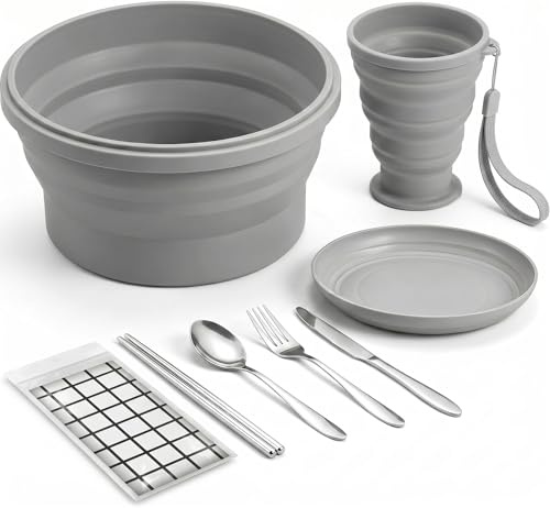 Camping Mess Kit, 8pcs, Foldable, Stainless Steel Cutlery Tablecloth