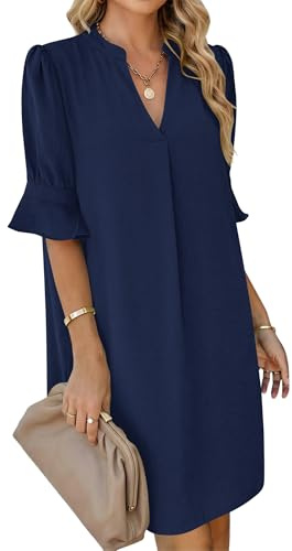 AUSELILY Robe Chemise Femme Été Col en V Manches Volantées Robe Courte | Robe Chemise Femme Été Chic et Élégant, Col Montant V, Manches Volantées, Coupe Ample Courte avec Poches