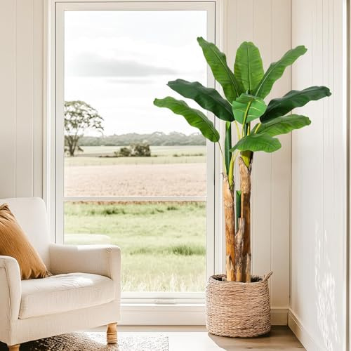 RBFGYIOP Pianta Finta Banana Alta - Pianta Decorativa Interna Realistica con Cesta di Vaso, Pianta Artificiale per Arredamento Salotto o Camera, Senza Manutenzione