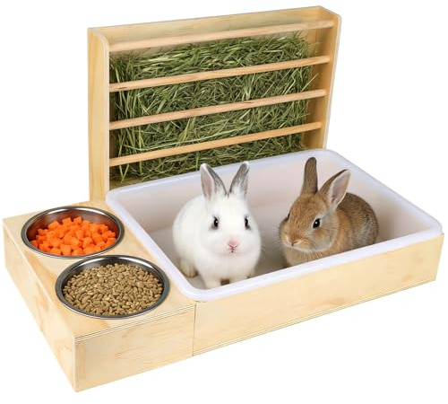 3 en 1 comedero de heno con inodoro y comedero, comedero de madera para animales pequeños con dispensador de heno, comedero para conejos, cobayas, hámster, chinchilla