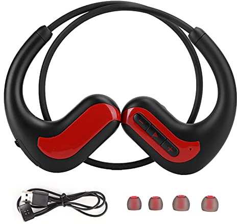 Vvikizy Hörlurar, Trådlösa IPX8 Vattentäta Sporthörlurar med 8 GB Minne för Simlöpning, Bekväm och Lätt Hängande Design (Röd)