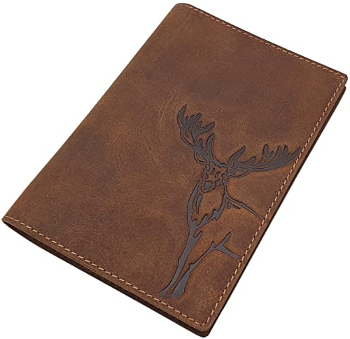 myledershop Cuir de Buffle Pochette de Carte d'identité avec cerf- ou Sanglier Motif en Marron (Cerf Motif)