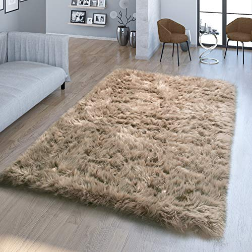 TT Home Wohnzimmer Hochflor Teppich Kunst-Fell Design Versch. Formen Unifarben, In Beige, Größe:55x160 cm Fell-Form