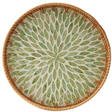 Round Rattan Tray with Mother of Pearl Inlay, Rattan Serving Tray with Wooden Base, Decorative Wicker Basket for Table Decor, Storage and Display of Coffee Bread Food Fruit (Leaf)