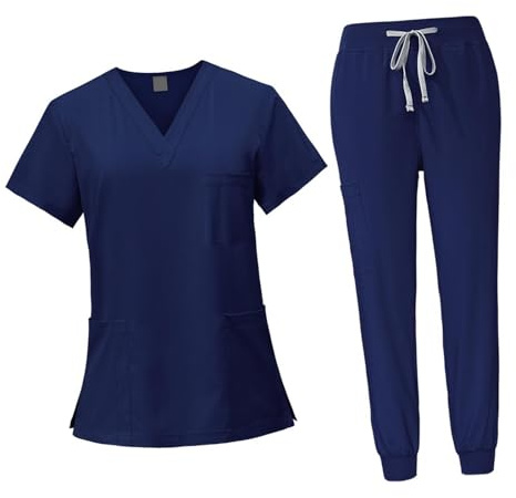 LOVIVER Female Scrub Set Nurse Workwear V Neckline Professional Machine Washable Top and Joggers Pant Work Clothing for Beauty Center, Navy Blue, M