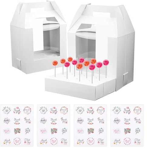 NQEUEPN 6uds Blancas Cake Pop Soporte con 4uds de Pegatinas, Portátil Caja para Pasteles con 18 Agujeros Embalaje de Cajas de Piruletas para Bodas Baby Showers Fiestas de Cumpleaños