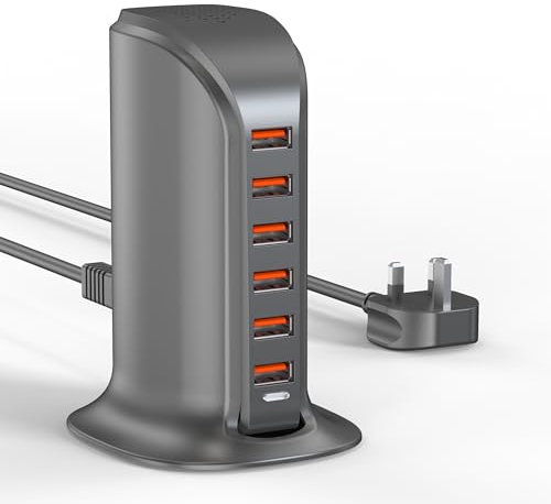 Qurzou USB Charger Station 6 Port,50W Multi-USB Charging Block for iPhone, iPad, Samsung Galaxy, Google Pixel and More Gray(Gray 50W)