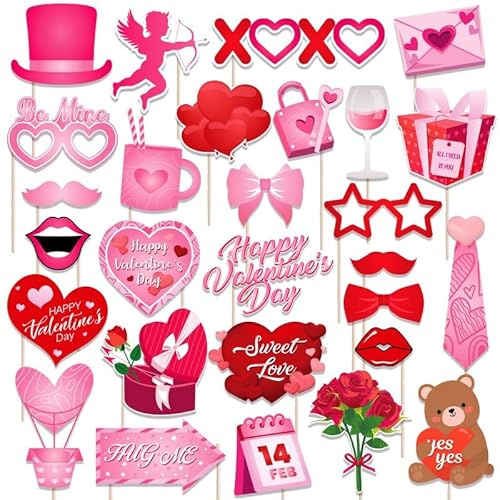 Valentine’s Day Photo Booth Props Decor, 28 PCS Romantic Love Valentines Day Decorations Set for DIY Funny Valentines Party Supplies Favors Accessories
