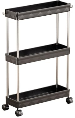 Multibao 3 Tier Slim Slide Out Kitchen Trolley Rack Holder Storage Shelf Organiser with Wheels for Small Spaces Bathroom Kitchen Laundryroom Bedroom Space-Saving (Black 13cm*40cm*58m)