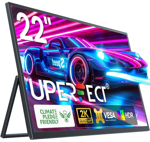 UPERFECT 22 Portable Monitor 2K QLED w/VESA & 180° Adjustable Stand, 2560×1440 QHD FreeSync HDR Gaming Display, USB-C HDMI Travel Second Monitor for Laptop, Phone, PC & Gaming Consoles