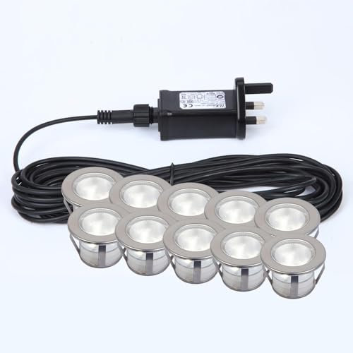 Set of 10-45mm Cool White Round Plinth Deck Light Kit, Stainless Steel, IP67 Waterproof Recessed Ground Wall Outdoor Garden Bathroom Kitchen
