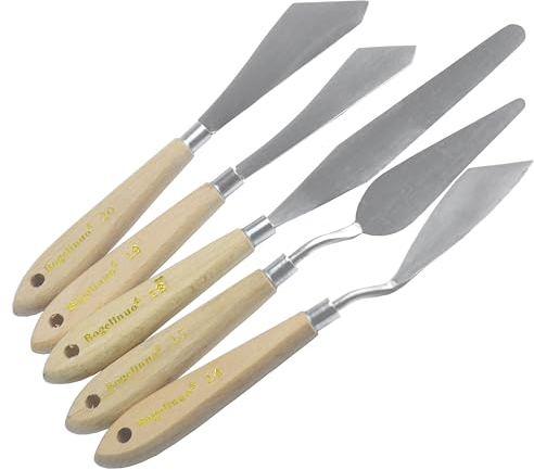 Spatola per Pittura Acrilica e ad Olio: Set 5 Pezzi con Manico in Legno, Accessori Vernice Spray, Lame in Acciaio Inox, Utensili in Metallo per Decorazione