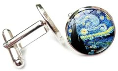 Van Gogh Boutons de manchette ronds en alliage pour homme Motif étoile et lune Bleu, 1, Argent sterling, Argent sterling.