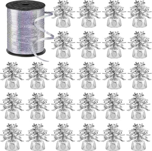 24 Pack Silver Balloon Weights and Ribbon, Metallic Silver Balloon Anchor Holder Helium Balloons Weights Bulk for Birthday Party Favors Wedding Decorations