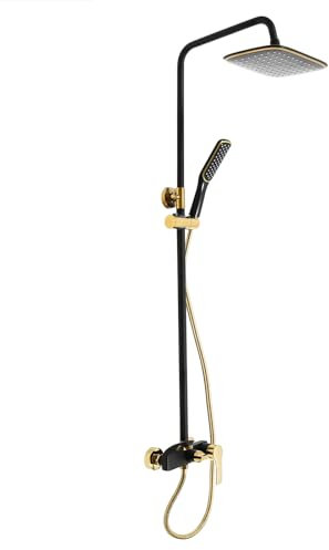 Set doccia, colonna doccia, rubinetto, doccia a pioggia, soffione doccia con doccetta, set regolabile in altezza (nero, oro)