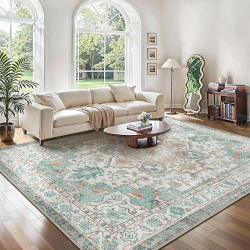 GENIMO Vintage Teppich 160x230cm, Teppiche Wohnzimmer, Waschbare Teppiche, Boho Teppich, Großer Carpet rutschfest, Schlafzimmer, Esszimmer, Büro, Grün