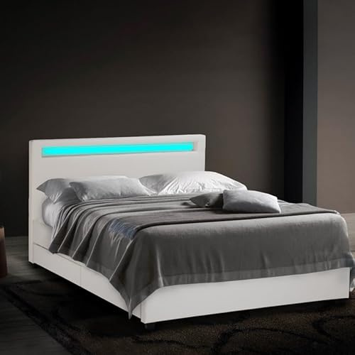 Produce Shop Letto Matrimoniale 2 piazze Moderno con Rete testiera LED cassetti 160x190 Geneva King - Bianco