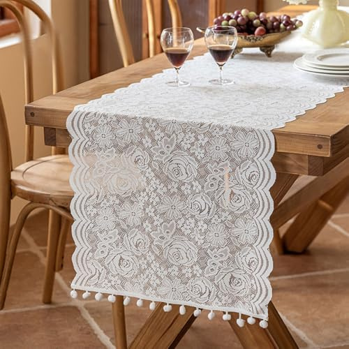 Camino de mesa de encaje blanco, cubierta de mesa con bordado floral para decoración de bodas, fiestas, cumpleaños, decoración de tartas