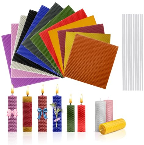 12 placas de cera de abejas para velas, 12 placas de cera de colores con 12 mechas de algodón, 20 x 20 cm, velas de cera de abejas, juego de hojas de cera de abejas para hacer velas para adultos y
