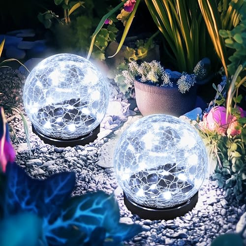 Solar Lights Outdoor Garden, Solar Globe Lights Waterproof, Cracked Glass Ball Outdoor Decorations for Balcony Backyard Yard Patio Porch (2 Pack, Cold White)