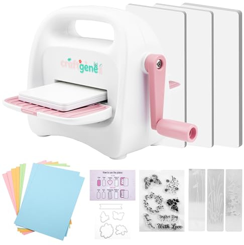 CraftGenes Mini fustellatrice e goffratura con kit di avviamento, slot da 8,5 cm per carta da 7,6 cm, include 24 accessori per fai da te, creazione di biglietti e scrapbooking (rosa)
