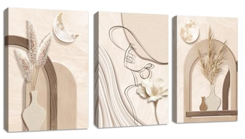 3 st abstrakt ljusbrun grädde geometriska växter duk bilder med ram, neutral beige vass bild på duk sovrum minimalistisk kvinna silhuett väggmålningar väggdekoration för vardagsrum 50 x 70 cm x 3