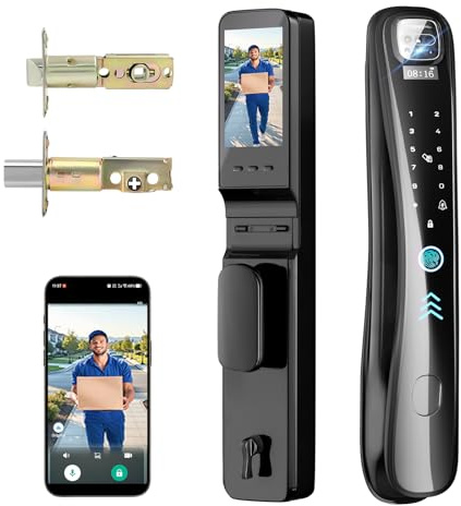 Smart Lock with Camera & Video Doorbell, 8-in-1 Keyless Entry Door Lock with Keypad, Smart Deadbolt for Front Door, Fingerprint Lock Built-in Wi-Fi, Voice Control & Remote Control, Two-Way Talk