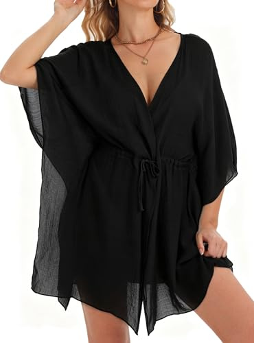 Vossmi Femme Robe de Plage Cache-Maillots Manches Courtes Robe Décontractée Ample Élégante Bikini Cover Short Dress Cardigan Kimono Couvrir Beach Vacation Automne Noir,Taille Unique