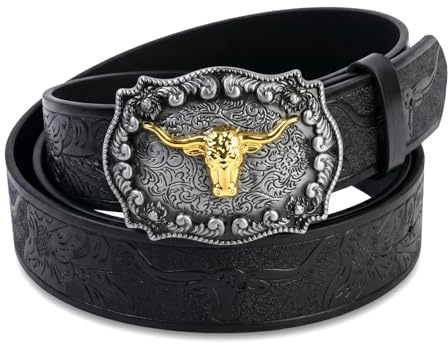 Amexo Cinturón de Cuero, Cinturon Vaquero Occidental Vaquera Grabado Floral Toro de Cuerno Largo para Hombres Cinturón Occidental con Hebilla Marrón para Hombres Mujeres
