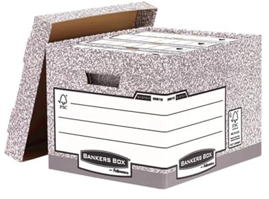 10 BANKERS BOX System Heavy Duty R-Kive Large Storage Box with Lids - Cardboard Storage Box with Lids for Office Storage - Archive Boxes with Handles - W33.3 x H28.5 x D39cm (Pack of 10) - Grey