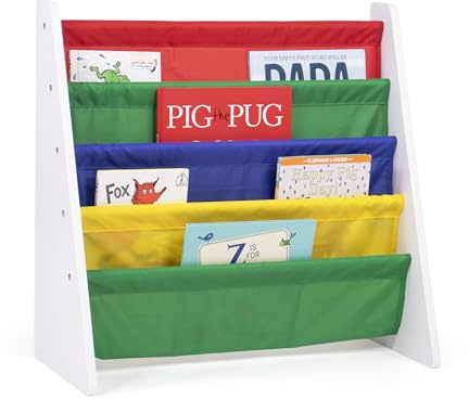 Humble Crew Children’s & Toddler Wooden Bookshelf - 4 Tier Kids Book Storage with Forward Facing Book Display, Deep Fabric Pockets - White/Red/Green/Blue/Yellow