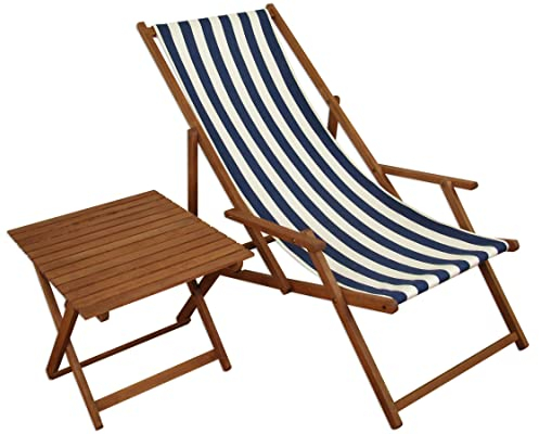 Erst-Holz Liegestuhl blau-weiß Gartenstuhl Tisch Deckchair Buche dunkel Strandstuhl klappbar 10-317 T